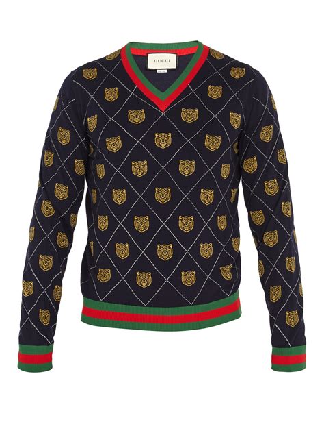 Wool sweater with Gucci embroidery in dark blue 